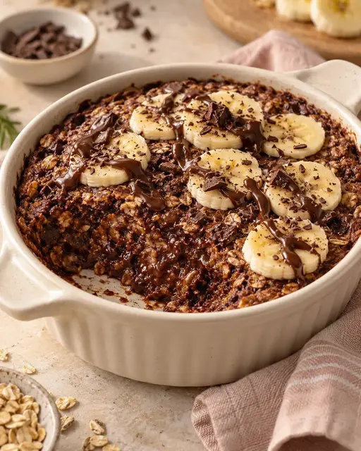 Baked oats de chocolate con banana presentados con estilo publicitario