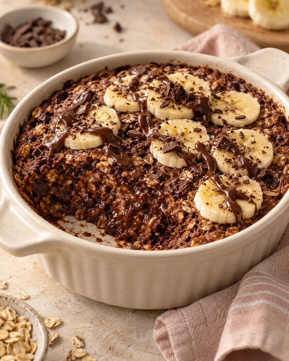 Baked oats de chocolate con banana presentados con estilo publicitario