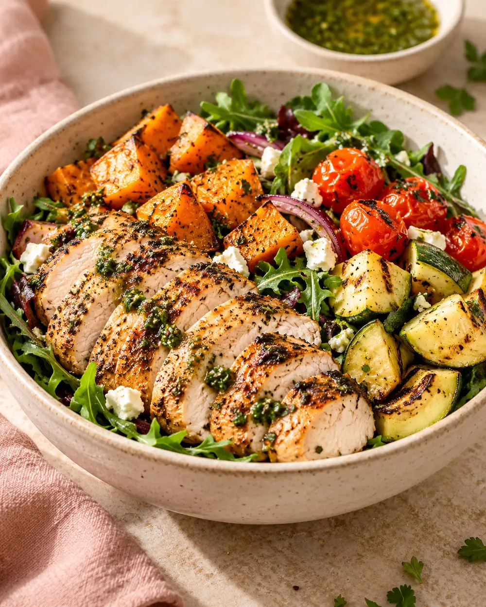 Bowl de pollo y vegetales presentado con estilo publicitario