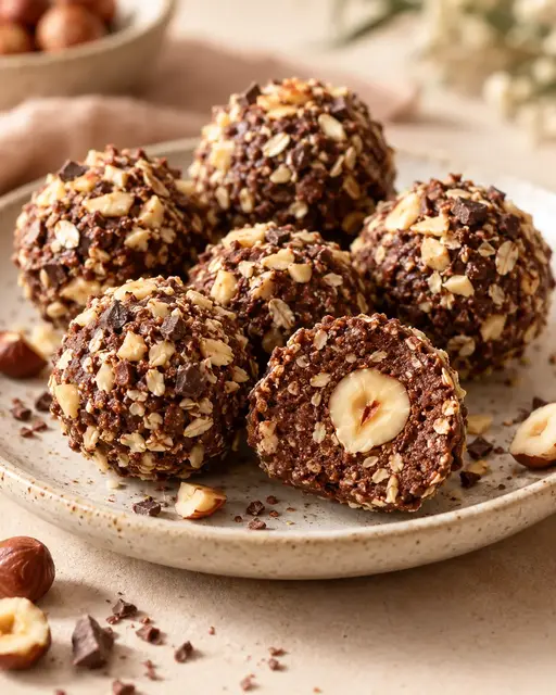 Trufas saludables de chocolate y avellanas presentadas con estilo publicitario