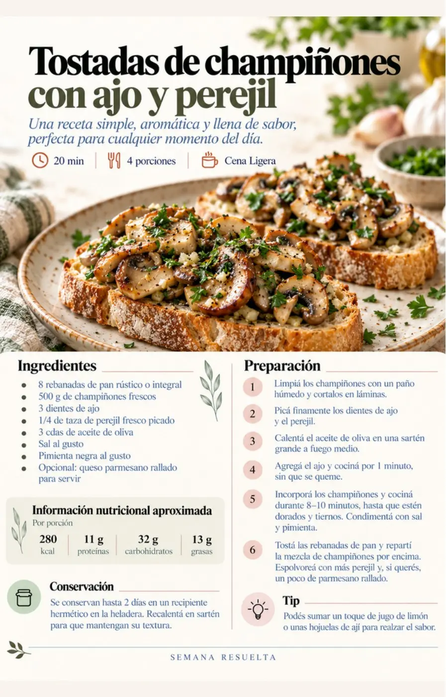 Página real de tostadas de champiñones con ajo y perejil